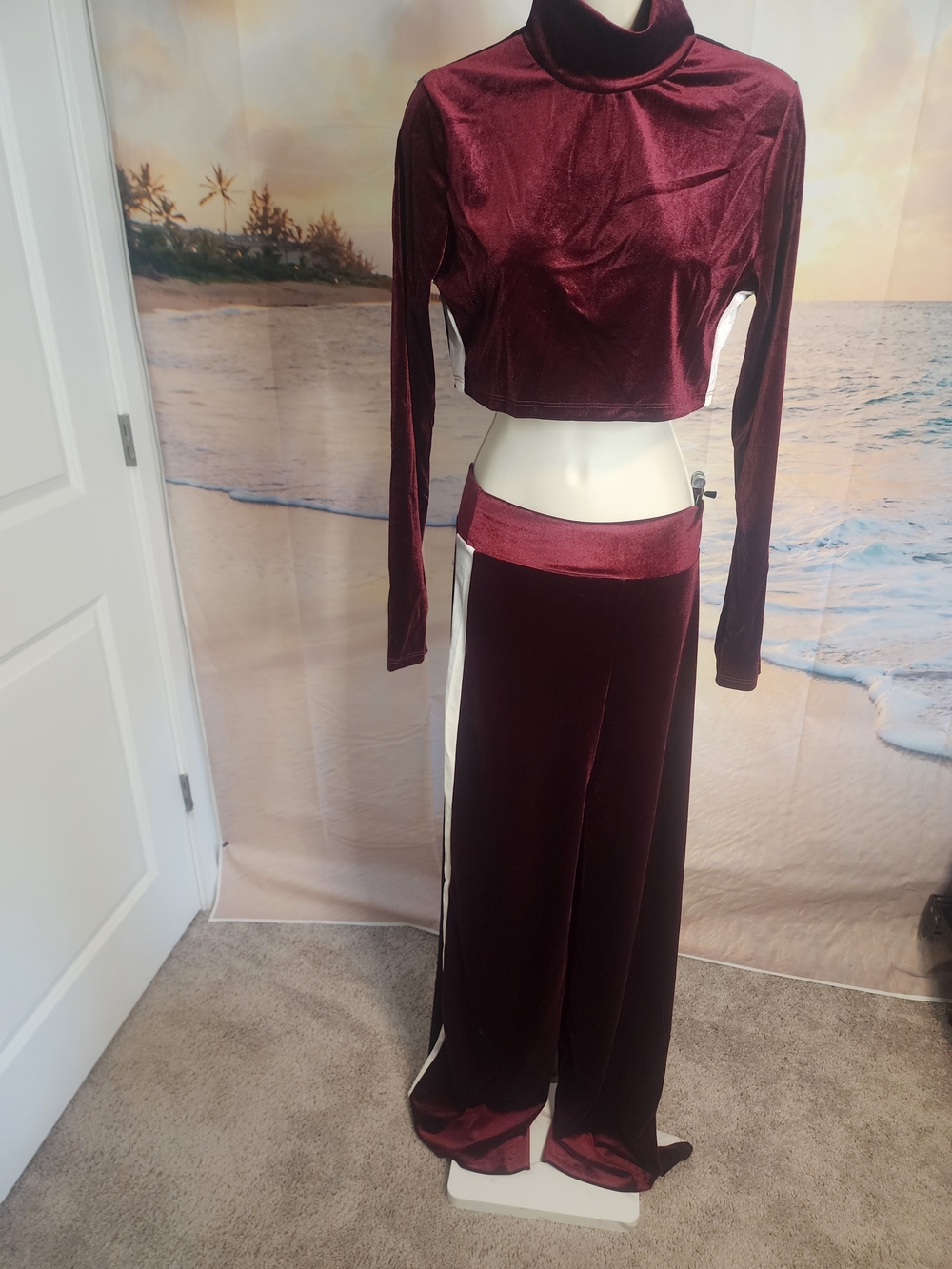 WinWin Velvet Burgundy Two-Piece Crop Top & Wide-Leg Pants NWOT